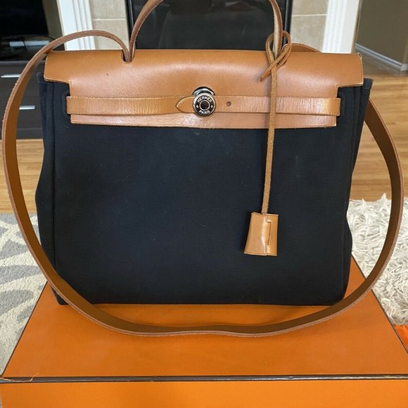 Hermes Herbag 31cm Black Canvas & Beige Vache Bag